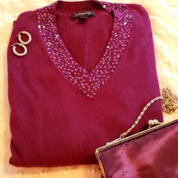 LANDS' END PURPLE V-NECK SWEATER SEQUINS COTTON CASHMERE, SIZE SMALL - Picture 2 of 7